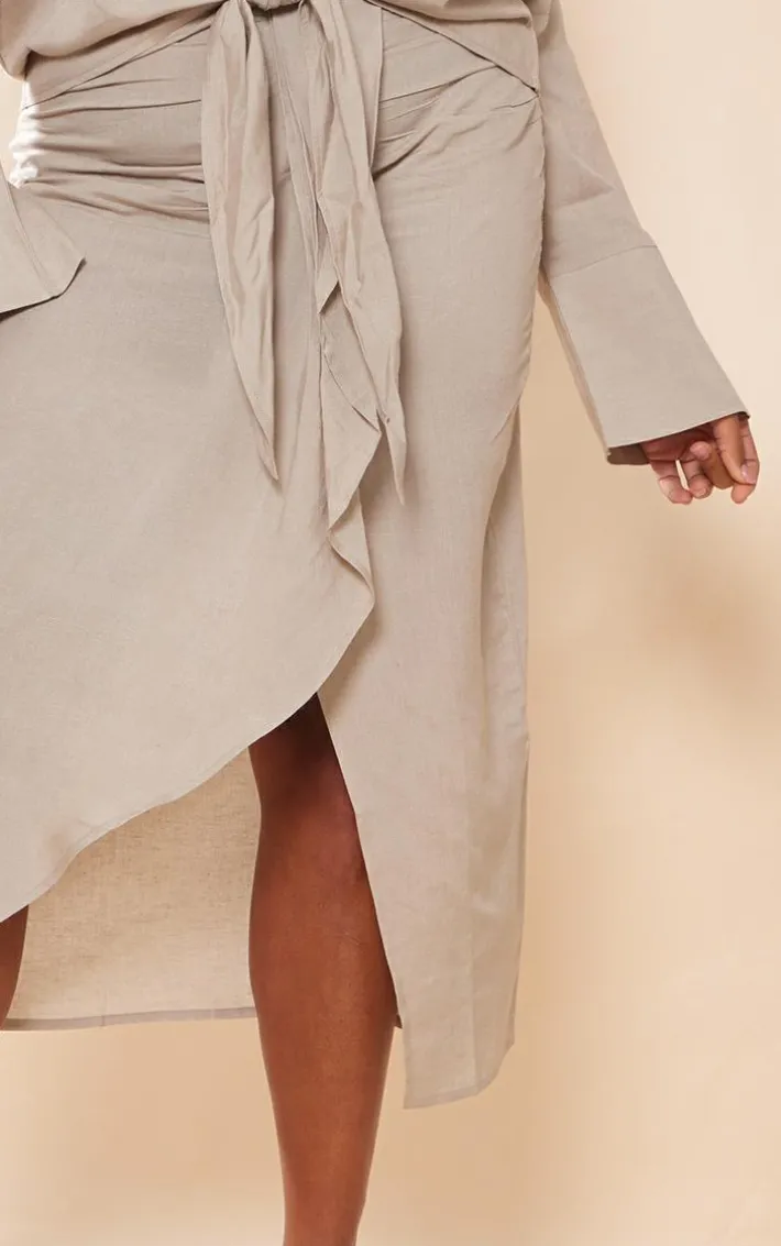 Plus Stone Linen Look Drape Front Midi Skirt