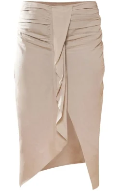 Plus Stone Linen Look Drape Front Midi Skirt