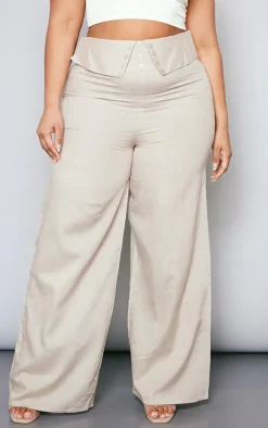 Plus Stone Linen Look Fold Over Wide Leg Pants