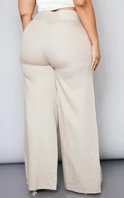 Plus Stone Linen Look Fold Over Wide Leg Pants
