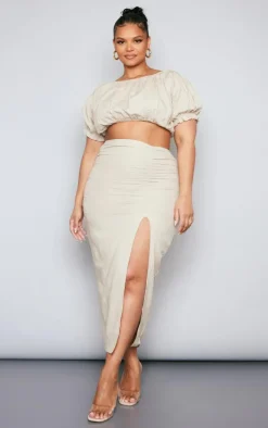 Plus Stone Linen Look Ruched Side Split Midi Skirt