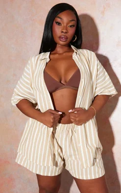 Plus Stone Linen Look Stripe Oversized Boxy Shirt