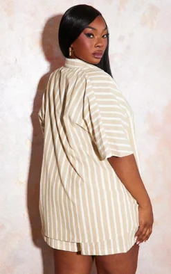Plus Stone Linen Look Stripe Oversized Boxy Shirt