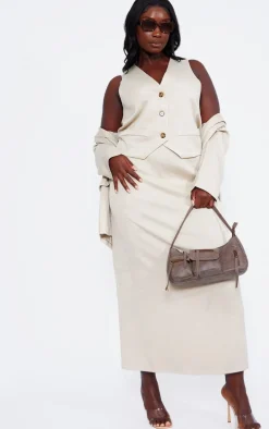 Plus Stone Linen Look Tailored Maxi Skirt