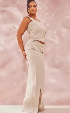 Plus Stone Linen Look Wrap Detail Wide Leg Jumpsuit