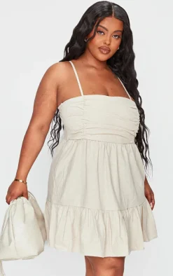 Plus Stone Linen Ruched Bust Detail Tiered Hem Mini Dress