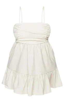 Plus Stone Linen Ruched Bust Detail Tiered Hem Mini Dress