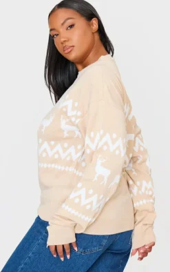 Plus Stone Oversized Fairisle Panel Christmas Sweater