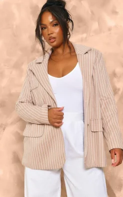 Plus Stone Oversized Pinstripe Single Breasted Blazer