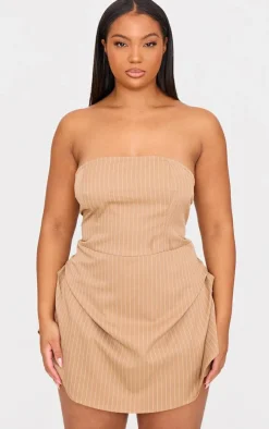 Plus Stone Pinstripe Woven Bandeau Ruched Side Skort Romper