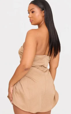 Plus Stone Pinstripe Woven Bandeau Ruched Side Skort Romper