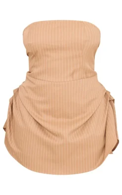 Plus Stone Pinstripe Woven Bandeau Ruched Side Skort Romper