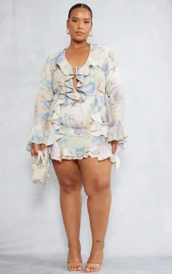 Plus Stone Renaissance Woven Ruffle Detail Bodycon Dress