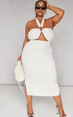 Plus Stone Ring Detail Halterneck Midi Dress