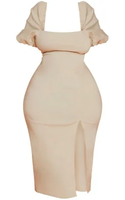 Plus Stone Stretch Woven Puff Sleeve Midi Dress