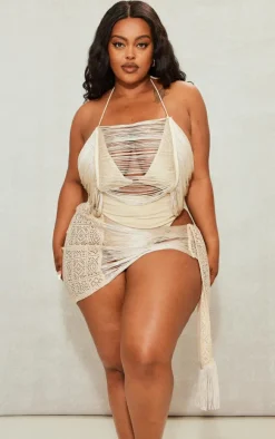 Plus Stone Tassel Front Crochet Sarong