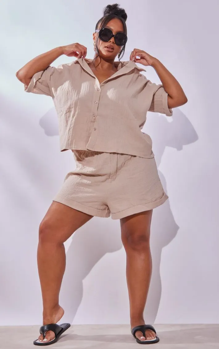 Plus Stone Textured Linen Look Floaty Shorts
