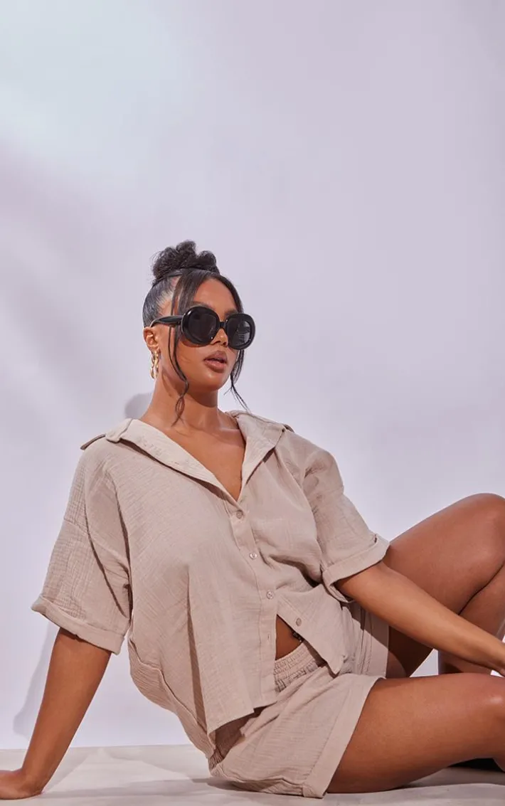 Plus Stone Textured Linen Look Floaty Shorts