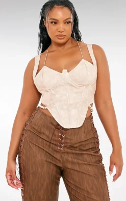 Plus Stone Washed Faux Leather Cross Halterneck Dip Hem Corset