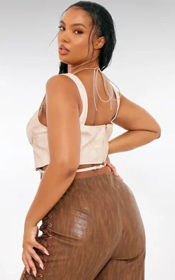Plus Stone Washed Faux Leather Cross Halterneck Dip Hem Corset