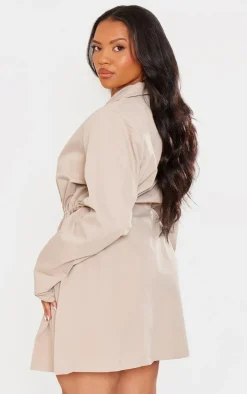 Plus Stone Woven Long Sleeve Toggle Waist Blazer Dress