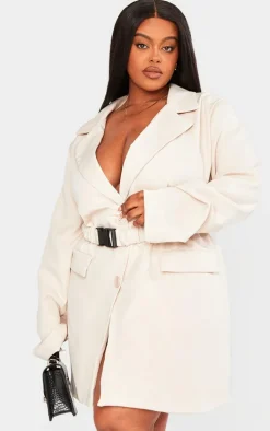 Plus Stone Woven Ruched Belt Blazer Dress