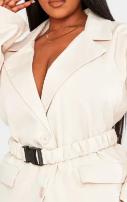 Plus Stone Woven Ruched Belt Blazer Dress