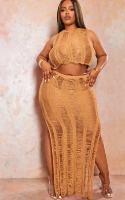 Plus Tan Distressed Knit Crew Neck Top