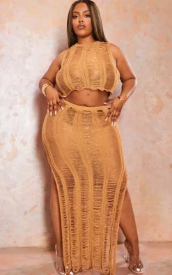 Plus Tan Distressed Knitted Midaxi Skirt