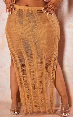 Plus Tan Distressed Knitted Midaxi Skirt