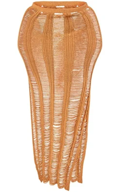 Plus Tan Distressed Knitted Midaxi Skirt