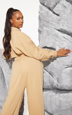 Plus Taupe Binding Detail Zip Up Crop Sweatshirt