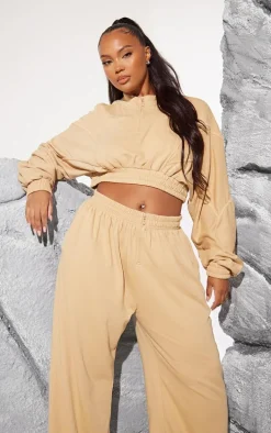 Plus Taupe Binding Detail Zip Up Crop Sweatshirt