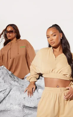 Plus Taupe Binding Detail Zip Up Crop Sweatshirt