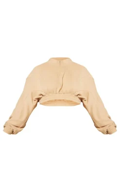 Plus Taupe Binding Detail Zip Up Crop Sweatshirt