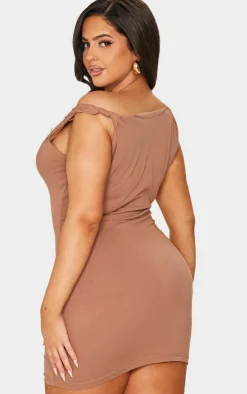 Plus Taupe Cotton Twist Shoulder Mini Dress