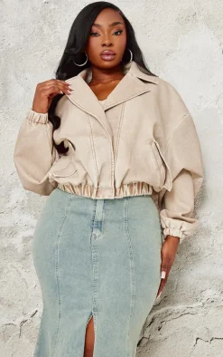 Plus Taupe Distressed Faux Leather Button Up Bomber Jacket