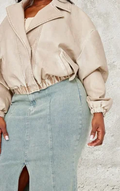 Plus Taupe Distressed Faux Leather Button Up Bomber Jacket