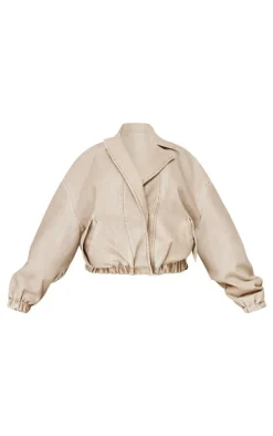 Plus Taupe Distressed Faux Leather Button Up Bomber Jacket