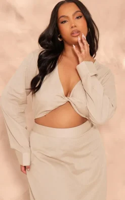 Plus Taupe Linen Look Twist Front Cropped Shirt