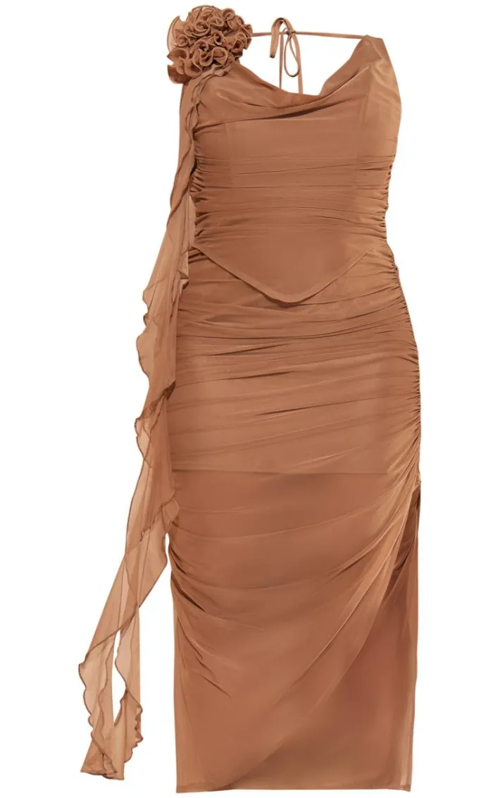 Plus Taupe Mesh Corsage Detail Ruched Midaxi Dress