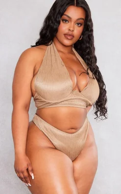 Plus Taupe Plisse High Leg Bikini Bottoms