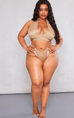 Plus Taupe Plisse High Leg Bikini Bottoms