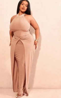 Plus Taupe Ruched Front Detail High Neck Maxi Dress