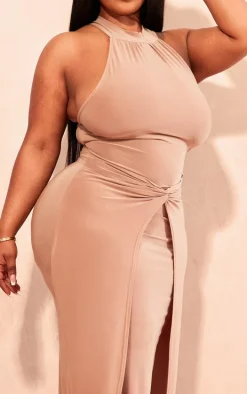 Plus Taupe Ruched Front Detail High Neck Maxi Dress