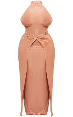 Plus Taupe Ruched Front Detail High Neck Maxi Dress