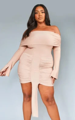 Plus Taupe Slinky Drape Detail Bardot Bodycon Dress