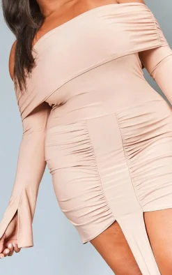 Plus Taupe Slinky Drape Detail Bardot Bodycon Dress