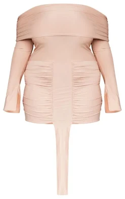 Plus Taupe Slinky Drape Detail Bardot Bodycon Dress