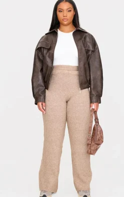 Plus Taupe Soft Knit Wide Leg Pants